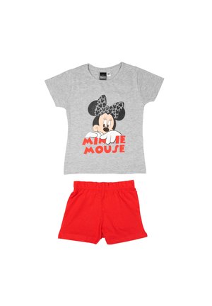 T-shirt grigio in cotone a maniche corte con grafica di Minnie Mouse e scritte rosse, abbinato a pantaloni corti rossi in cotone con vita elastica.