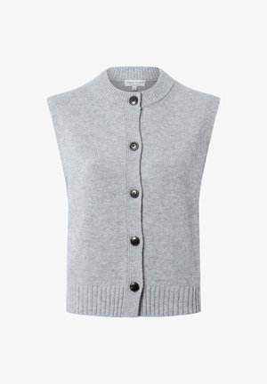 Szary bezrękawnik wykonany z dzianiny. Posiada zaokrąglony kołnierz i pięć ciemnych guzików z przodu oraz prążkowany dolny brzeg.