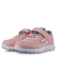 Rosa sportskor med nät och syntetiskt överdrag, kardborreband, vadderad tunga, grå detaljer och strukturerad vit gummisul.