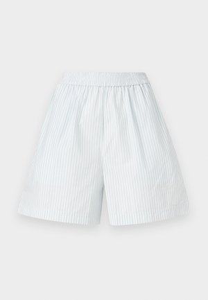 Gaiši zili svītraini šorti ar elastīgu jostasvietu. Izgatavoti no gludas auduma, ar vertikālām baltām svītrām un brīvu piegriezumu.