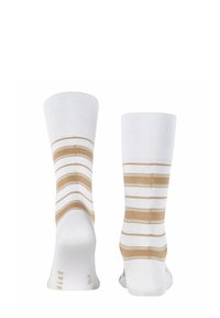 Weiße Socken mit horizontalen beigen Streifen. Glattes Material, knöchellang, verstärkte Fersen und Zehenbereiche. Mit dezentem Branding.
