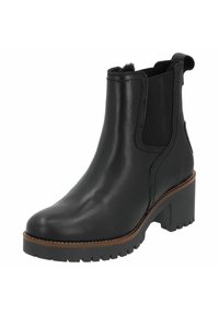 Bottine en cuir noir avec des panneaux élastiques sur les côtés, un talon épais et une semelle crantée. Présente une finition lisse et des coutures contrastées autour de la semelle.