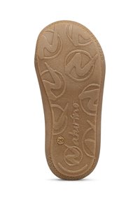 Suola di scarpa in gomma, colore marrone chiaro, testurizzata con motivi a logo circolari e una finitura liscia. Presenta una punta arrotondata e lati affusolati.