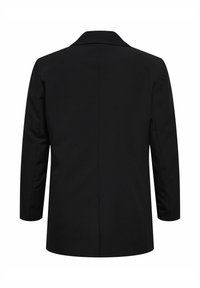 Melna pielāgota jaka ar gludu tekstūru, izgrieztu apkakli, garām piedurknēm un taisnu apakšmalu. Minimālistisks dizains bez redzamām detaļām.