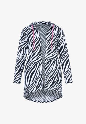 Giacca con cappuccio a motivo zebra con strisce bianche e nere, presenta coulisse rosa, maniche lunghe e orlo posteriore più lungo.