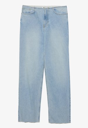 Lichtblauwe denim jeans met een rechte pijp, met een hoge taille, vijf zakken en gezeffde zoomdetails.