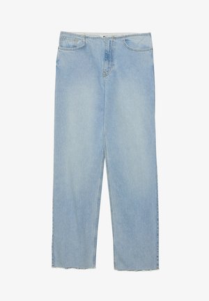 Vaaleansiniset farkut, joissa on suora lahje, korkea vyötärö, viisi taskua ja revityt reunat.