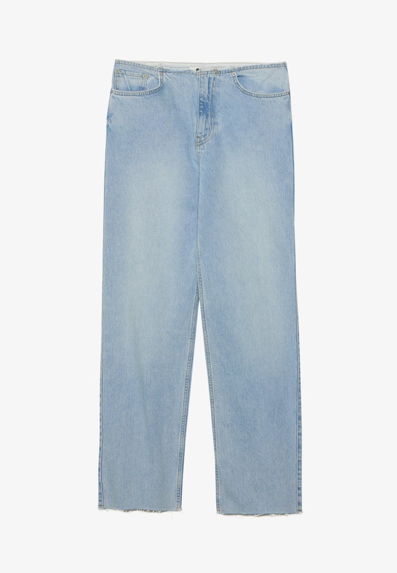 Jean en denim bleu clair avec une coupe droite, doté d'une taille haute, de cinq poches et de détails d'ourlet effiloché.