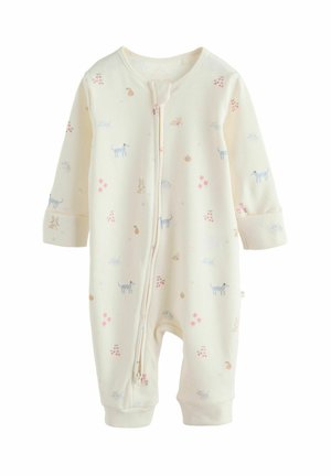 Baby-Strampler in Cremefarbe mit langen Ärmeln und einem Reißverschluss vorne. Geschmückt mit kleinen, bunten Tier- und Blumenmustern.