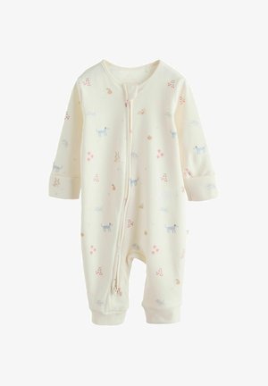 Crèmekleurige babyromper met lange mouwen, voorzien van een ritssluiting aan de voorkant. Versierd met kleine, kleurrijke dierlijke en bloemmotieven.