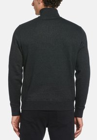 Dark gray sweatshirt with a high collar, ribbed cuffs, and a textured finish. Features a fitted silhouette and a clean, minimalist design.