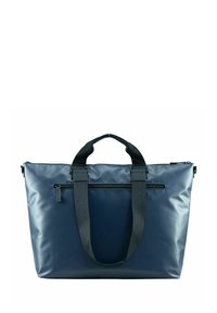 Borsa a tracolla blu navy realizzata in materiale resistente, con doppi manici neri e una tasca frontale con zip. Texture liscia con forma rettangolare.