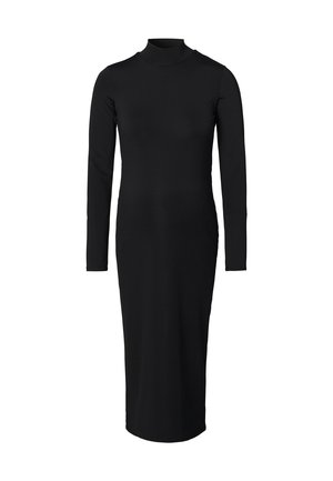 Schwarzes, langärmliges Midikleid mit hohem Kragen, aus einem glatten, dehnbaren Material gefertigt, mit einer figurbetonten Silhouette und ohne sichtbare Verschlüsse.