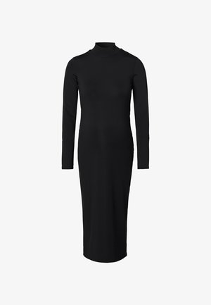 Robe midi noire à manches longues avec un col montant, fabriquée dans un matériau lisse et extensible, présentant une silhouette ajustée et sans fermetures visibles.