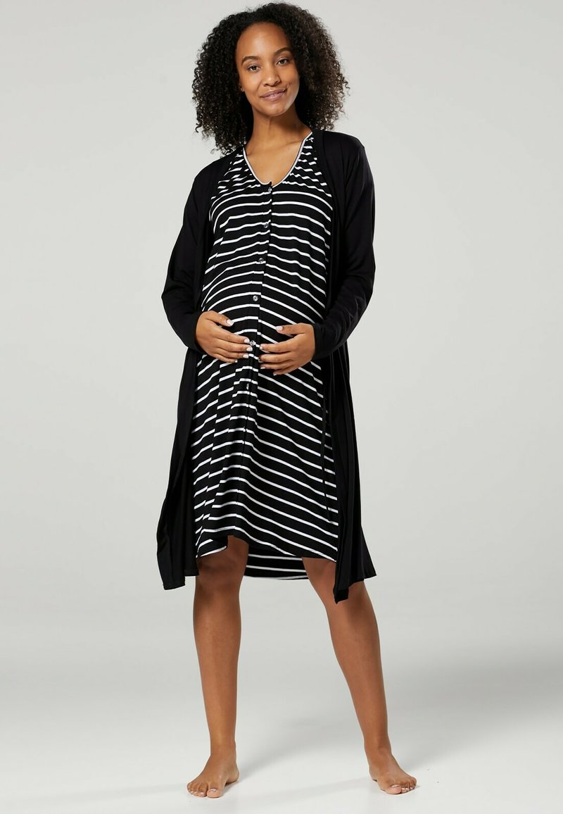 Happy Mama MATERNITY HOSPITAL SET Nightie black & black with stripes/mottled anthracite
