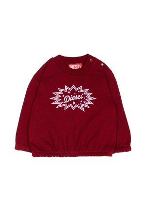 Sweat-shirt bordeaux à manches longues pour enfants avec col et poignets côtelés, logo Diesel blanc en forme d’éclat d’étoiles sur le devant, et boutons-pression sur une épaule.