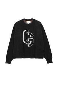 Pull en laine noir avec épaule tombante, arborant un grand logo graphique blanc et gris sur le devant, ainsi que des poignets et un ourlet côtelés.