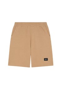 Pantaloni sportivi beige con vita elasticizzata, tasche laterali e un motivo di tessuto testurizzato. Presentano un piccolo logo del marchio sul lato.