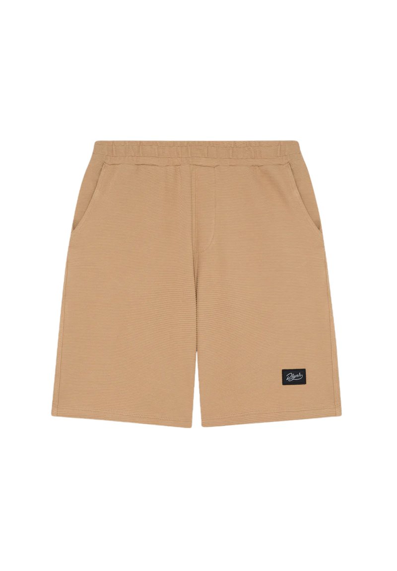 Pantaloni sportivi beige con vita elasticizzata, tasche laterali e un motivo di tessuto testurizzato. Presentano un piccolo logo del marchio sul lato.