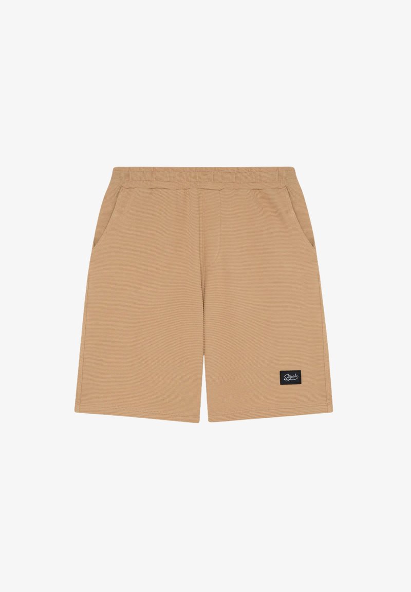 Pantaloni sportivi beige con vita elasticizzata, tasche laterali e un motivo di tessuto testurizzato. Presentano un piccolo logo del marchio sul lato.