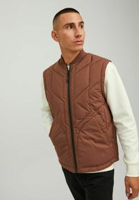 Brown quilted vest with a high collar and front zipper. Features geometric stitching patterns, worn over a white long-sleeve shirt.