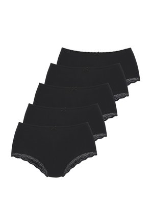 Lot de cinq culottes hipster en coton noir, avec une bordure en dentelle et un petit nœud à l'avant. Texture lisse, design sans coutures.