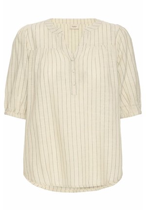 Jasnoszara bluzka w pionowe paski, z zapinanym na guziki przodem, krótkimi bufkami i zaokrąglonym dołem. Teksturowany materiał.