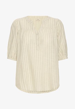 Lichtgekleurde blouse met verticale strepen, voorzien van een knoopsluiting, korte pofmouwen en een ronde zoom. Gebreide stof.