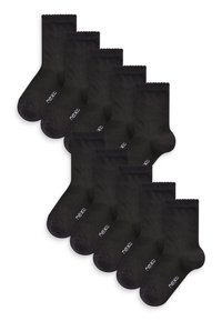 Schwarze Socken im Zehnerpack, aus dehnbarem Material gefertigt, mit einem gerippten Bündchen, verstärktem Zehenbereich und kleinem weißen Logo nahe dem Knöchel.
