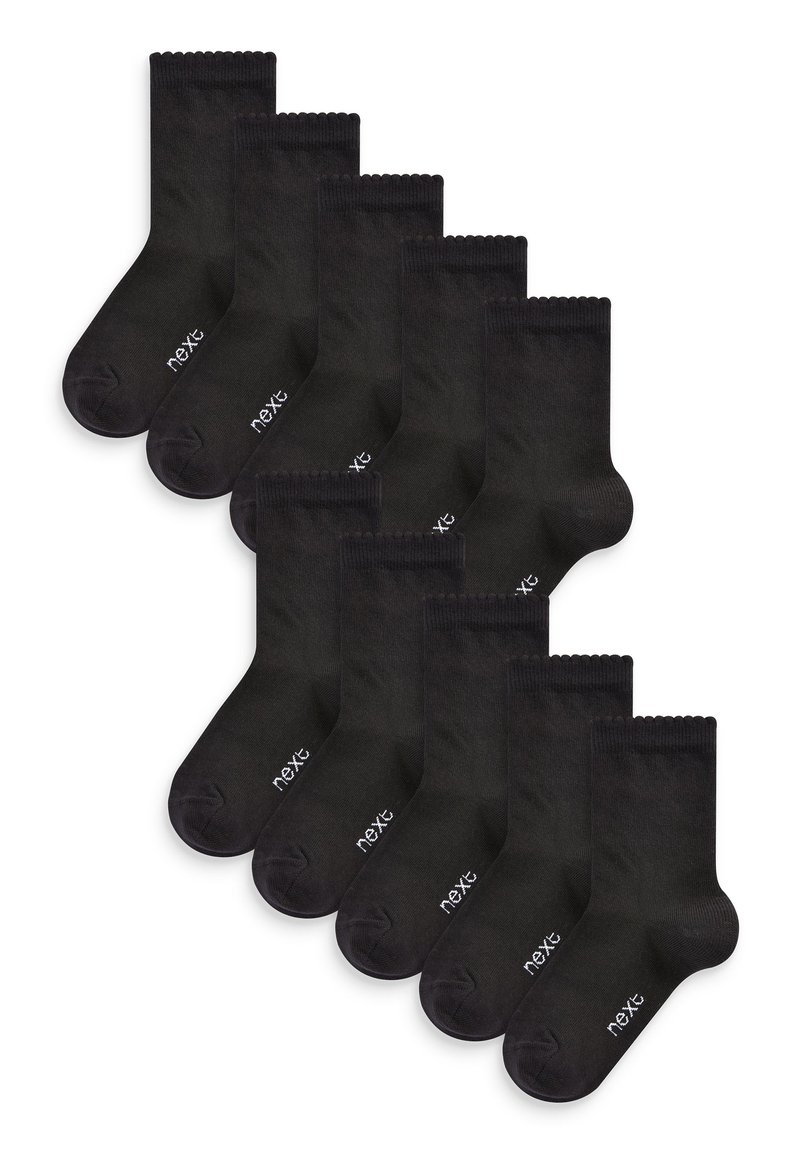 Schwarze Socken im Zehnerpack, aus dehnbarem Material gefertigt, mit einem gerippten Bündchen, verstärktem Zehenbereich und kleinem weißen Logo nahe dem Knöchel.