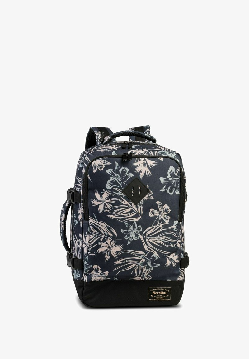 Schwarzer und dunkelblauer Rucksack mit aufwendigen hellen Blumenmustern, doppelten verstellbaren Schulterriemen und einem oberen Griff.