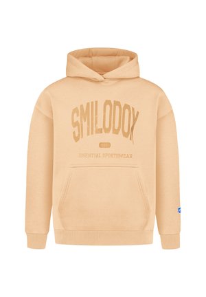 Felpa beige con cappuccio e tasca a marsupio frontale con scritta stampata "SMILODOX ESSENTIAL SPORTSWEAR" in una tonalità beige più scura.