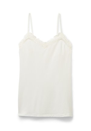 Wit mouwloos camisole topje met kanten rand langs de V-hals en dunne verstelbare schouderbandjes.