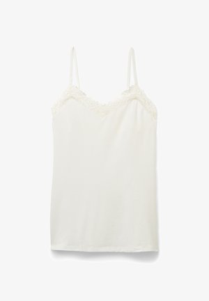 Top bianco senza maniche con bordo in pizzo lungo la scollatura a V e sottili spalline regolabili.