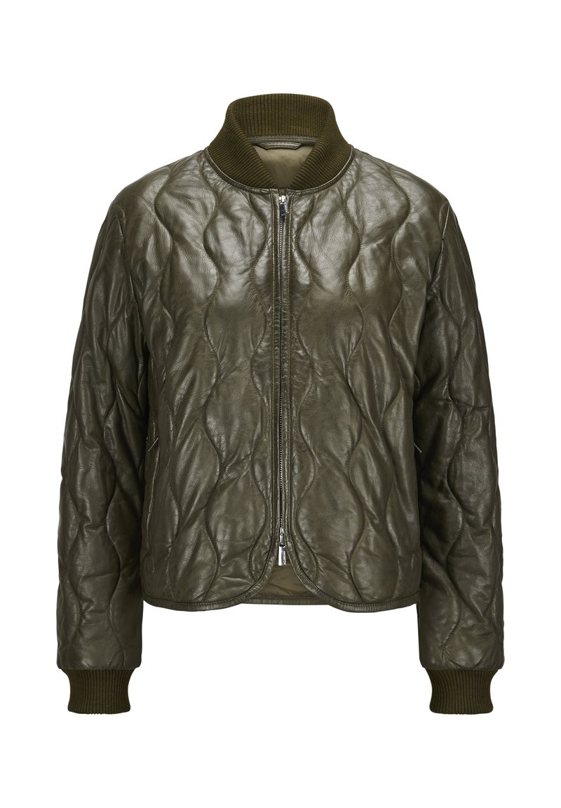 Gepolsterte olivgrüne Lederbomberjacke mit geripptem Kragen und Bündchen; verfügt über einen Frontreißverschluss und ein strukturiertes Oberflächenmuster.