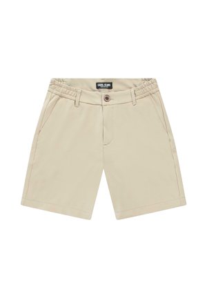 Beige korte broek van lichtgewicht stof, met een elastische tailleband, voorzakken, een knoop en een rechte pijp.