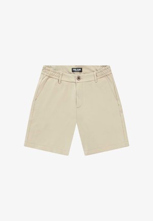 Beige korte broek van lichtgewicht stof, met een elastische tailleband, voorzakken, een knoop en een rechte pijp.