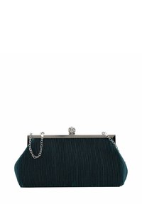 Borsa a pochette in tessuto teal con texture plissettata e hardware in tonalità argento, dotata di una chiusura a scatto ornata con un gemma decorativa. Manico a catena.