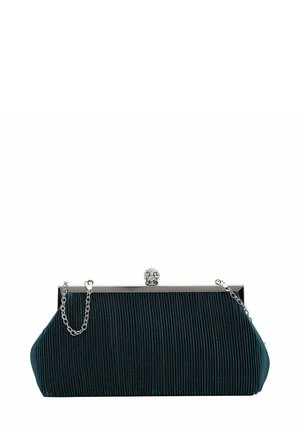 Pehmeä turkoosi clutch-laukku, jossa on poimuttunut pinta ja hopeanvärinen metalliosuus. Laukku on varustettu koristekivellä koristellulla lukolla. Olkahihna ketjun muodossa.