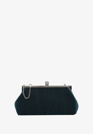 Pluche teal clutch bag met geplooide textuur en zilverkleurige accenten, met een sluiting versierd met een decoratieve edelsteen. Ketting schouderriem.