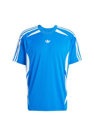 Sininen lyhythihainen urheilupaita, jossa valkoiset raidat hartioilla ja sivuilla, rinnassa pieni valkoinen Adidas-logo.