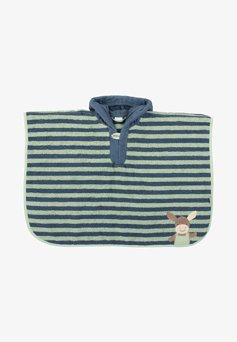 Striped poncho towel in navy blue and light green, featuring a hood and a cute donkey embroidery at the bottom right. Soft, textured fabric.