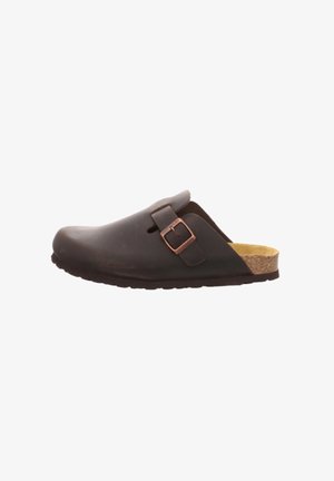 Brown slip-on clog with a single adjustable buckle strap and a cork footbed sole.