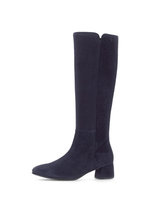 Navy blue knee-high boots made of soft suede, featuring a pointed toe and a block heel, with a smooth finish and minimal stitching details.