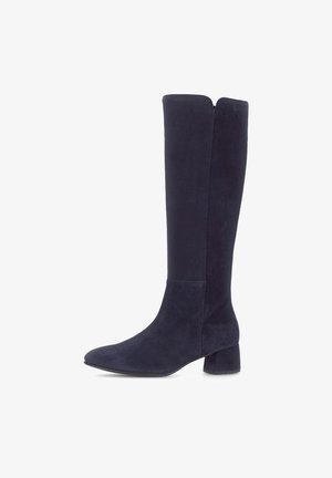 Stivali al ginocchio blu navy in morbida suede, con punta affusolata e tacco a blocco, con una finitura liscia e dettagli di cucitura minimi.