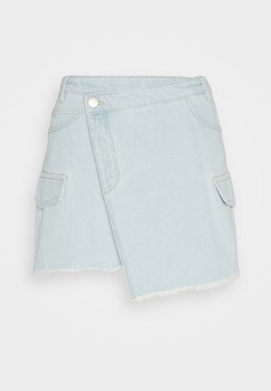 Light blue denim wrap skirt with a frayed hem, front button closure, and two side pockets. Features a relaxed fit and smooth texture.