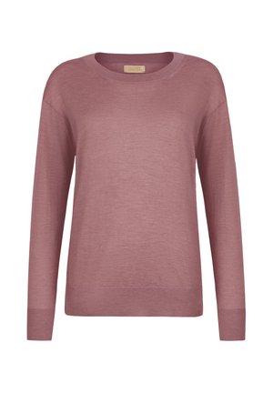 Lilla langærmet trøje med rund hals, ribstrikkede manchetter og kant, lavet af fint strikket stof.