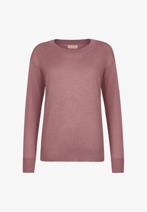 Lilla langærmet trøje med rund hals, ribstrikkede manchetter og kant, lavet af fint strikket stof.