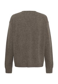 Pull en maille marron à manches longues avec un ourlet droit et un col rond simple, vu de dos.