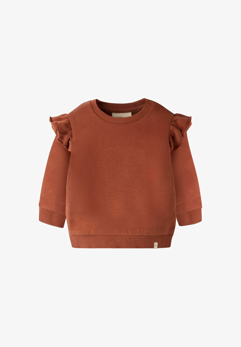 Pull à manches longues pour tout-petit couleur rouille avec détails volantés aux épaules et bords-côtes aux poignets et à l'ourlet.